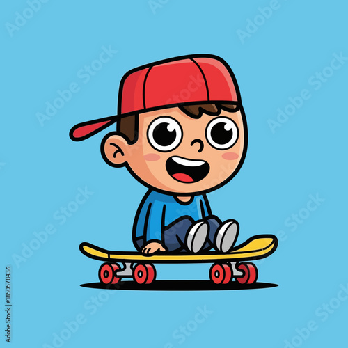 Cartoon boy with red cap sits casually on a yellow skateboard with bright smile