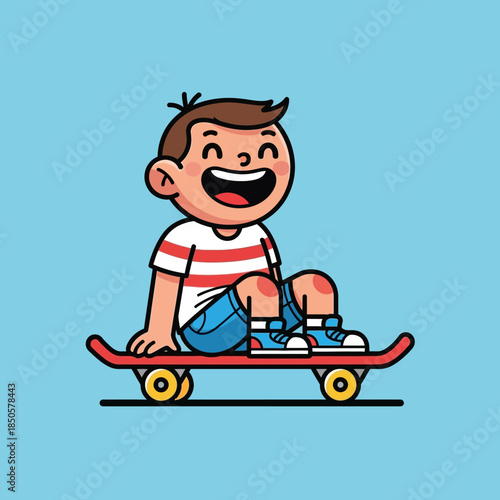 Joyful youth on skateboard with a bright smile, cartoon character having fun skateboarding adventure