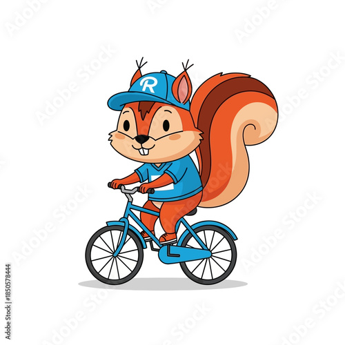 Whimsical squirrel cyclist with vibrant bushy tail illustration set against a white backdrop