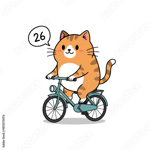 Cartoon feline pedaling a bicycle with number thought bubble creating a delightful animated scene