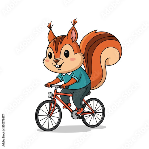 Whimsical squirrel cartoon character rides a bicycle with style and joyful energy