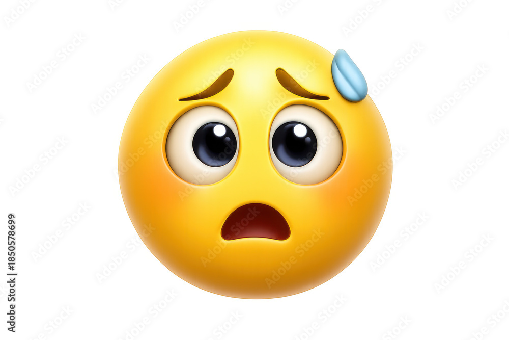 Fototapeta premium Anxious yellow emoji face sweating with worried expression, symbolizing stress, nervousness, and fear on transparent background