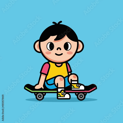 Cartoon boy sitting casually on a skateboard against a vibrant blue background illustration