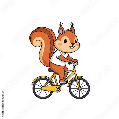 Cartoon squirrel character riding a bicycle with a joyful expression on his face outdoors