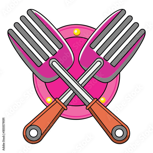 Crossed Cartoon Forks Over Pink Plate with Yellow Dots, Kitchen Utensils, Bold Colors, Fun Dining Theme, Culinary Pop Art