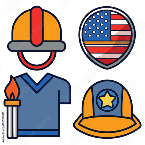 Four Icons Honoring Firefighters and Patriotism, Torch Shirt, American Shield, Hero Helmets, Red White Blue Theme, Service, Courage, Tribute