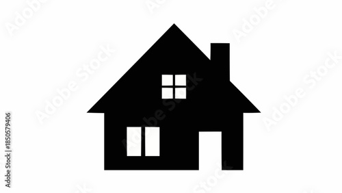 Simple Black Silhouette of a House with Chimney and Windows.