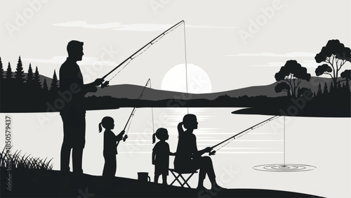 Family Fishing Trip Silhouette at Sunset.
