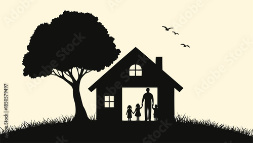 Silhouette of a family standing in front of their home with a tree.