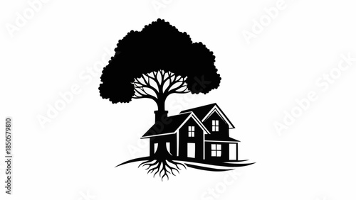 Silhouette of a house with a large tree and visible roots.