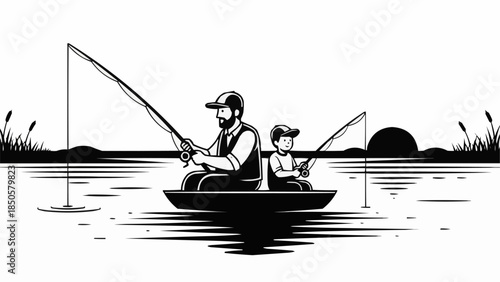 Father and son fishing together in a boat on a calm lake.