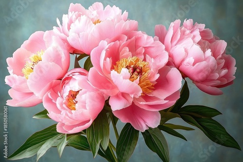 cluster of soft pink peony blooms with golden centers and lush green leaves against a serene teal background evoking delicate romantic beauty
