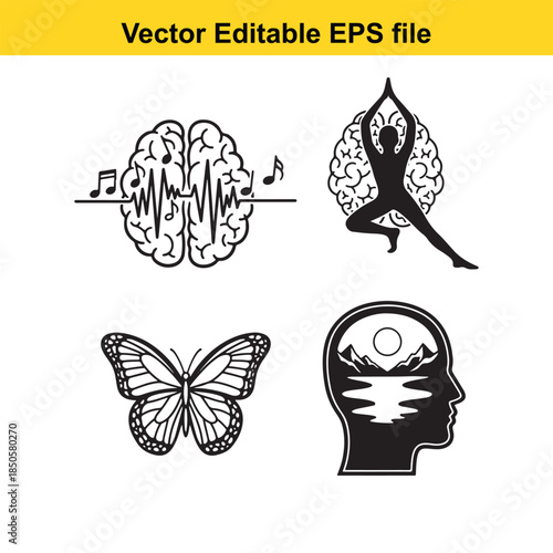  collection of four black and white vector illustrations of brain and mind related concepts with music, yoga, butterfly and head