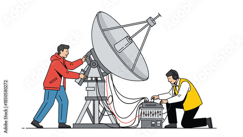 Engineers Setting Up Satellite Dish for Communication Network Installation and System Maintenance