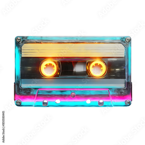 Colorful vintage cassette tape with glowing neon effect png