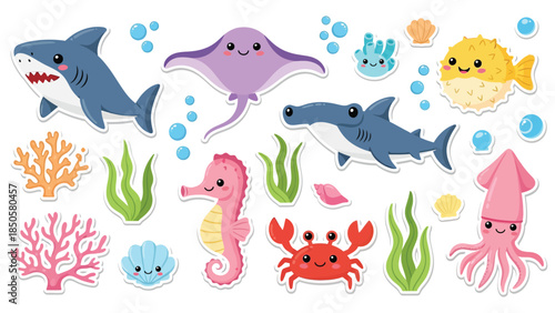 Collection of cute cartoon sea animals and underwater life illustration set
