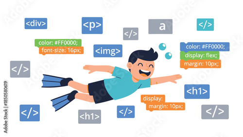 Happy Cartoon Boy Swims Through Code Elements Web Development Concept