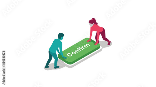 Teamwork Confirms Decision Two People Push Green Confirm Button Together Modern Minimalist Illustration