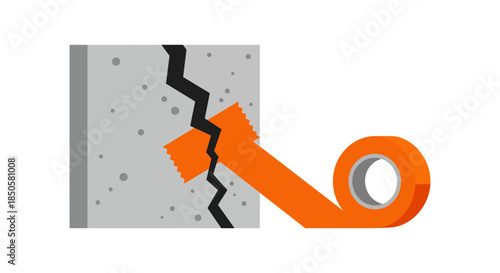cracked concrete wall patched with orange duct tape minimalist flat vector illustration symbolizing temporary fix and quick repair concept