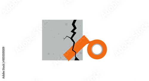 crack in concrete wall patched with orange duct tape minimalist flat vector icon symbolizing temporary fix and quick repair solution