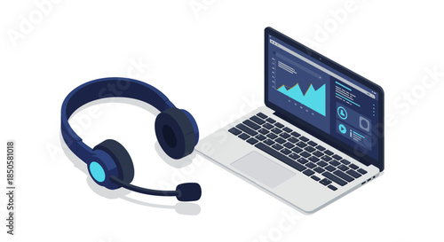 customer support headset with laptop showing analytics dashboard illustrating online help desk service remote call center communication