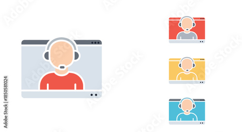 customer support operator avatar icons on video call screens colorful flat vector illustration for online helpdesk call center service