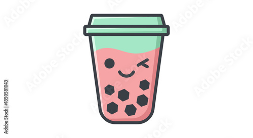 cute strawberry bubble tea cup illustration with kawaii winking face and tapioca pearls isolated on white perfect for cafe branding