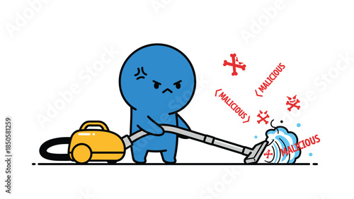 Cute Blue Character Fighting Malware and Viruses with Vacuum Cleaner and Mop Cybersecurity Concept