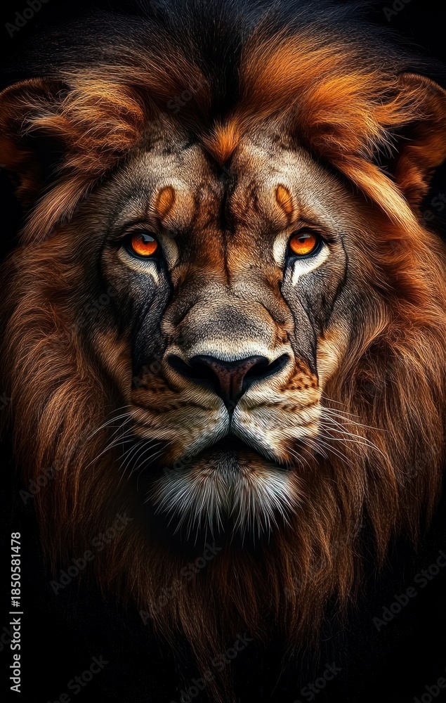 Fototapeta premium close-up majestic lion mane with ears and whiskers lit by dramatic warm light, powerful and regal mood