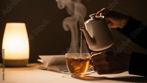 Evening unwind calming herbal tea ritual with steaming cup on table  