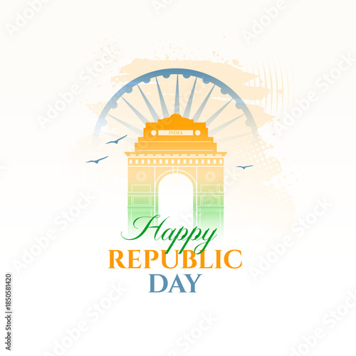happy republic day celebration background with india gate and ashoka chakra