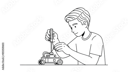 Young boy assembling a robot kit fostering STEM education and creative engineering with hands on learning and innovation