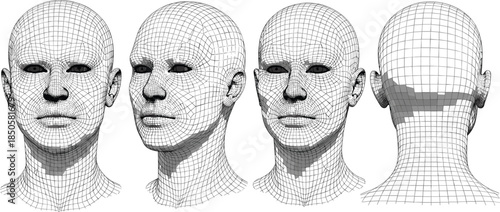 Detailed 3D wireframe mesh model of a human head from four different angles for computer graphics, digital modeling, and design
