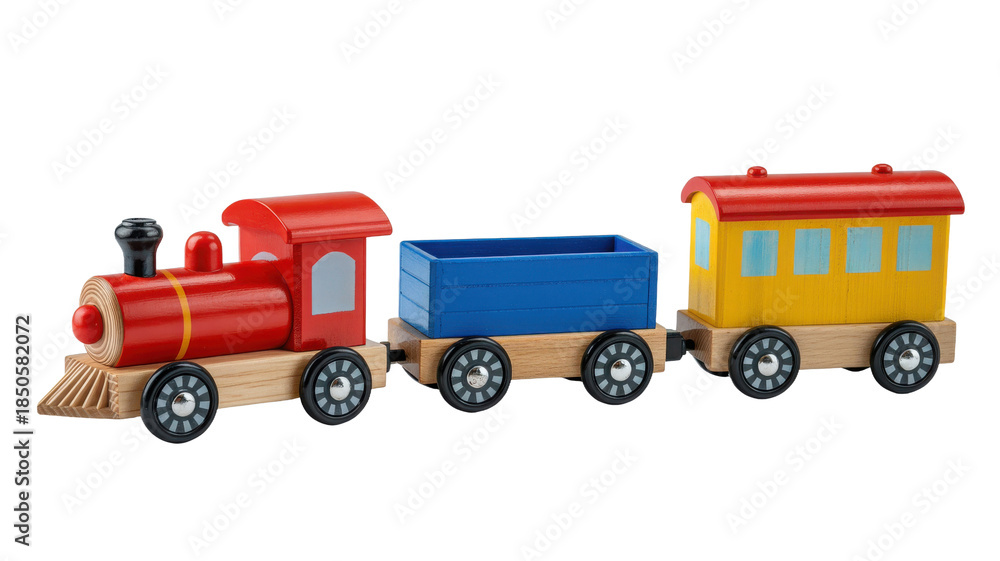 Fototapeta premium Wooden toy train with cargo and passenger cars isolated on transparent background