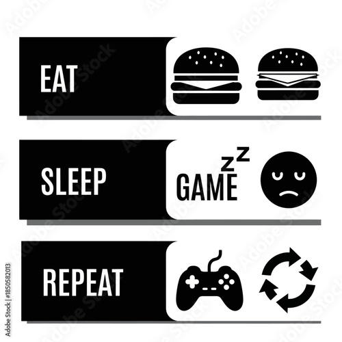 Graphic Illustrating Eat Sleep Game Repeat Cycle.