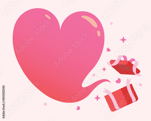 Vector illustration of Unbox gift box with hearts. Card of Giving love, surprise a couple of valentine's day concept.