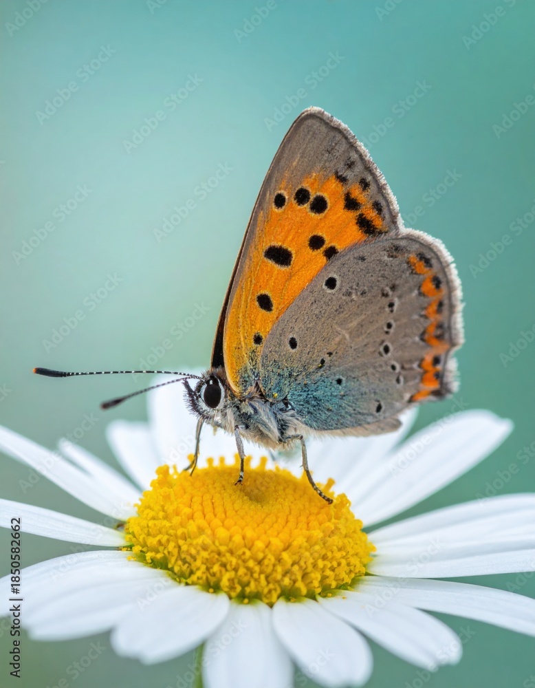Fototapeta premium A vibrant butterfly rests on a bright daisy, showcasing its intricate patterns against a soft, blurred background.