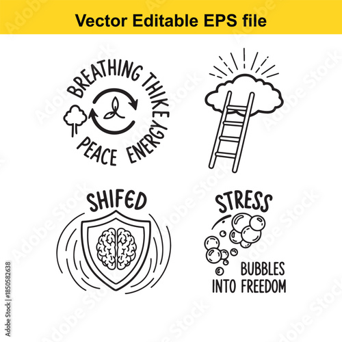 vector illustrations of stress relief concepts with motivational quotes and symbols