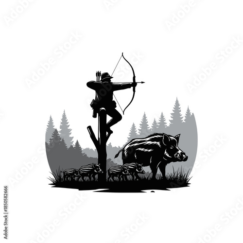 Archer hunting wild boar and piglets in a forest setting.