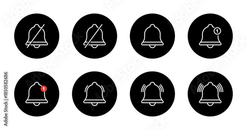 Notification bell outline icon set collection in black circle. Silent, mute, new reminder, ringing, and vibration mode symbol
