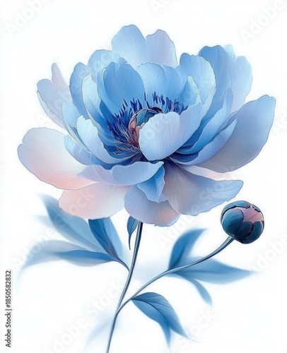 large blue peony bloom with unopened bud and slender stem, soft pastel petals and leaves on white background conveying delicate serene elegance