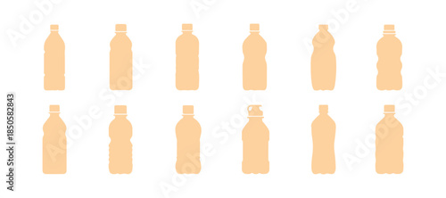 A variety of plastic and PET bottle icons in multiple shapes – vector art

