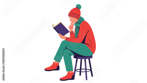 Cozy Person Reading Book in Winter Outfit on Stool