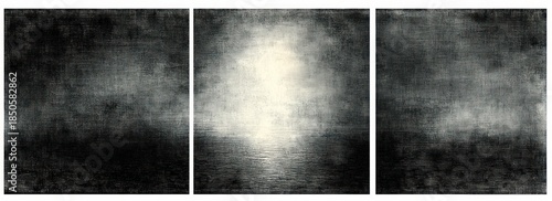 three-panel textured grayscale seascape with misty horizon and central luminous reflection over calm rippled water, moody contemplative atmosphere