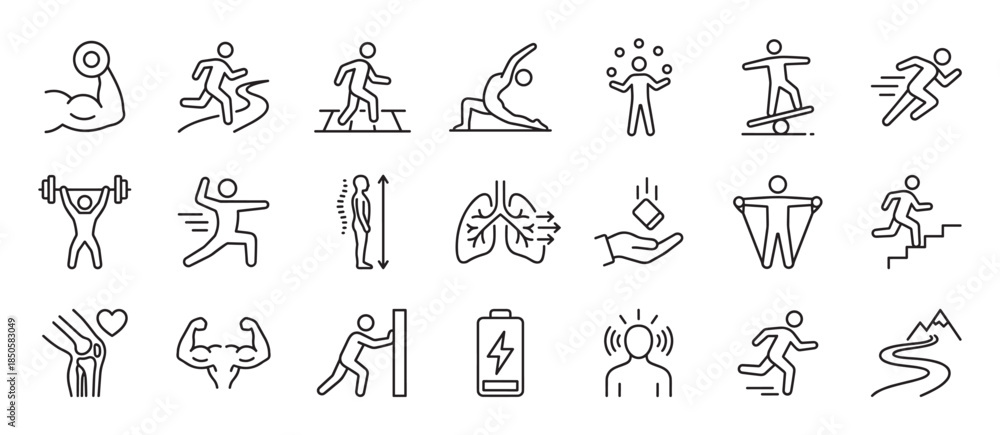 Obraz premium Collection of thin line icons representing physical activity, health, and human ability, featuring symbols for running, weightlifting, yoga, balance, and endurance