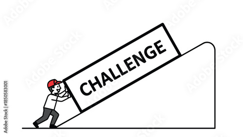 Businessman Pushing Word CHALLENGE Up Steep Hill Symbolizing Overcoming Obstacles and Business Struggle