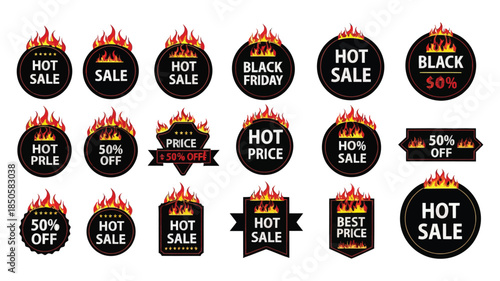 Hot sale and Black Friday fire badges set for advertising promotions

