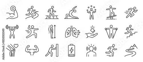 Collection of thin line icons representing physical activity, health, and human ability, featuring symbols for running, weightlifting, yoga, balance, and endurance