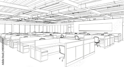 Detailed architectural line art sketch of a modern open-plan corporate office interior with numerous workstations and industrial ceiling
