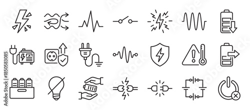 Set of black line icons representing electricity, power, and energy concepts like batteries, plugs, circuits, and safety symbols in a clean, minimalist vector style